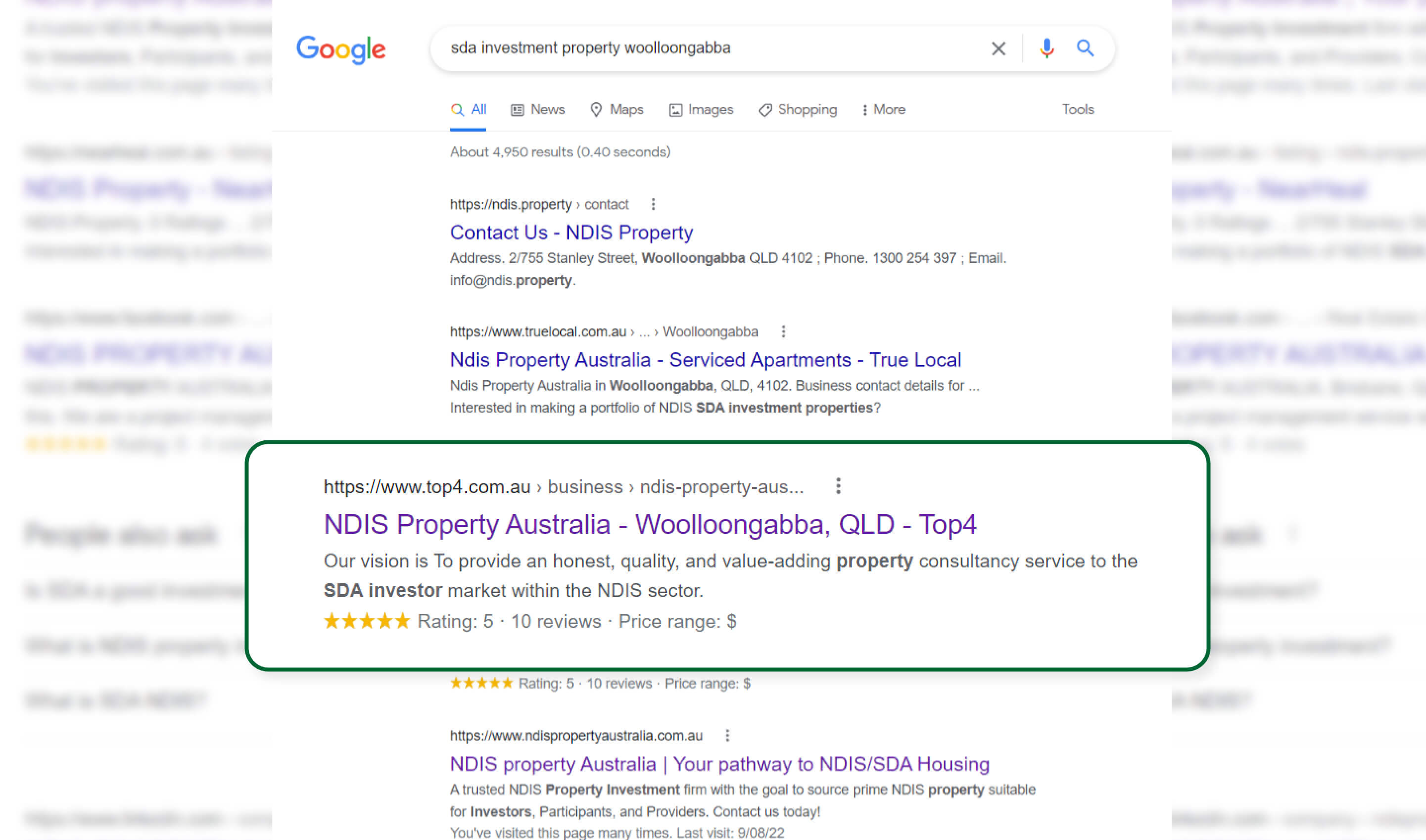 SEO result with Top4 NDIS Property Woolloongabba